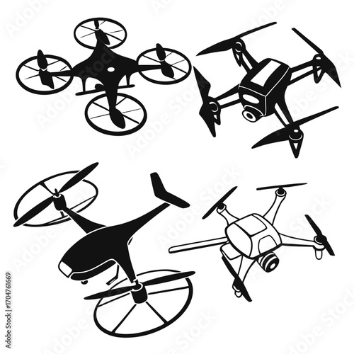 Collection of black silhouette drones and quadcopters with rotors and cameras on a white background
