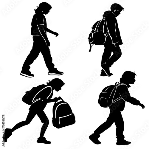 Diverse group of children walking with backpacks in silhouette against a white background representing school and education