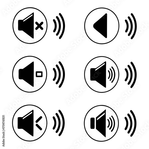 Collection of six stylized black and white icons representing different sound volume levels and playback controls on a white background