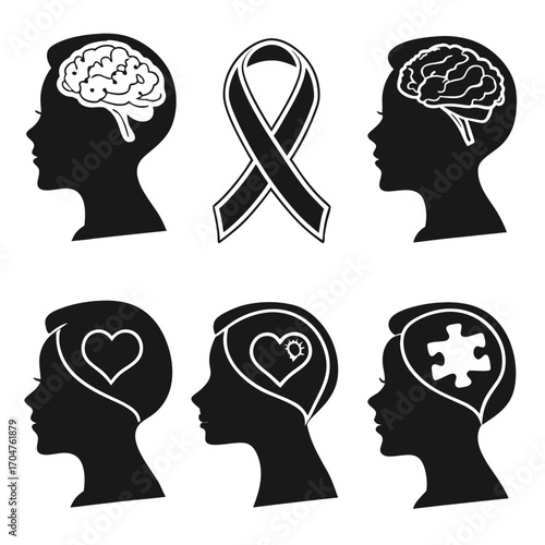 Collection of silhouetted heads showing brain heart ribbon and puzzle pieces representing mental health awareness and conditions