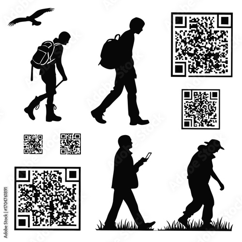 Diverse silhouettes of people walking with backpacks and using smartphones alongside qr codes and a soaring eagle