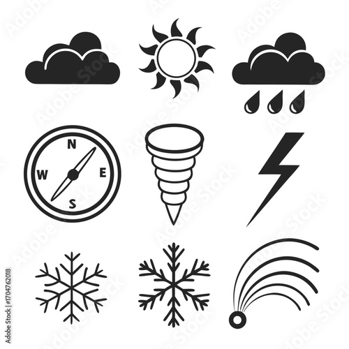 Collection of weather icons including sun clouds rain tornado lightning snowflakes compass and rainbow