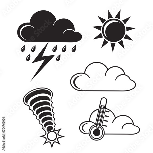 Collection of weather icons including sun rain lightning tornado clouds and thermometer representing different atmospheric conditions