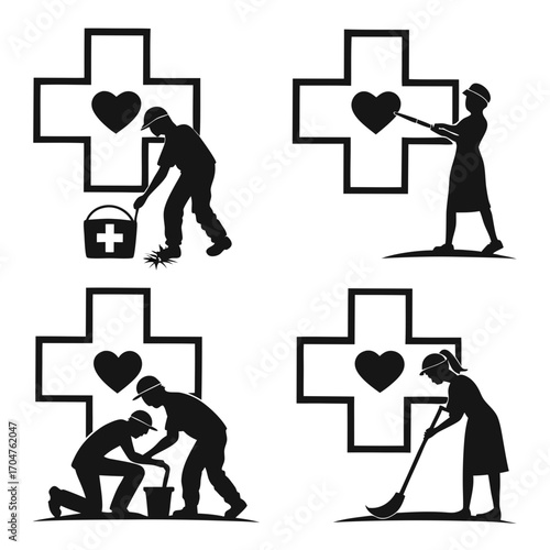 Silhouettes of people caring for a medical cross with a heart symbolizing compassion and dedicated service
