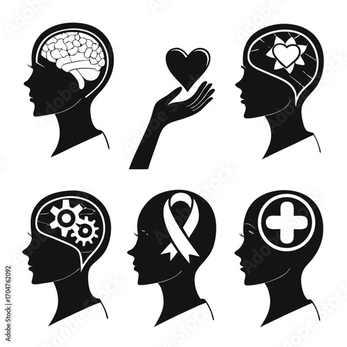 Set of six black and white silhouette icons representing different aspects of human thought emotion and health