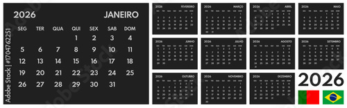 2026 year monthly office planner, calendar starts monday, two red weekends, black background, portuguese months name, 12 month planner grid