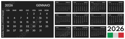 2026 year monthly office planner, calendar starts monday, two red weekends, black background, italian months name, 12 month planner grid