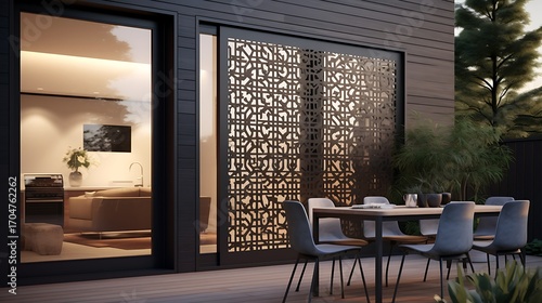 Modern house exterior with patio area showcasing decorative privacy screen and dining set