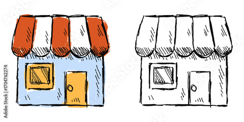 Grunge sketch hand-drawn shop vector. Ideal for adding a raw, textured feel to retail and business themes. Features a distressed and edgy aesthetic.