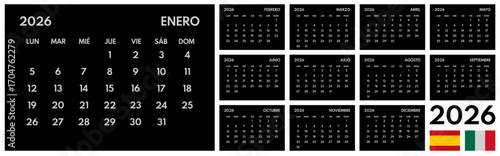 2026 year monthly office planner, calendar starts monday, two red weekends, black background, spanish months name, 12 month planner grid