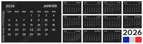 2026 year monthly office planner, calendar starts monday, two red weekends, black background, french months name, 12 month planner grid