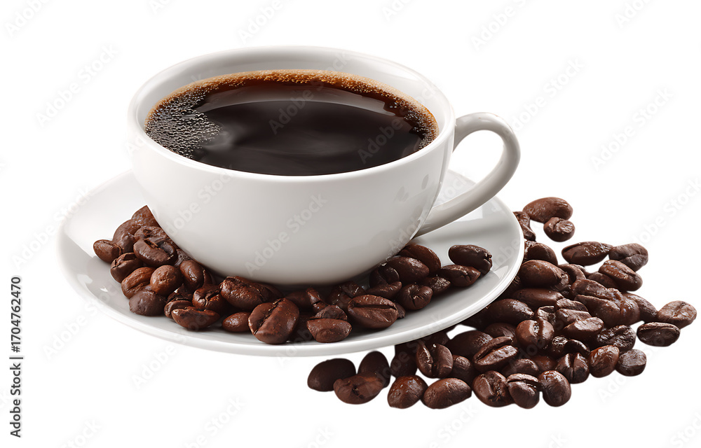 Fototapeta premium White coffee cup filled with dark coffee and roasted beans isolated on transparent background