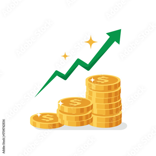 A vibrant illustration depicts golden coin stacks growing steadily, symbolizing financial success, increasing profits, and positive economic progress with an upward green arrow.