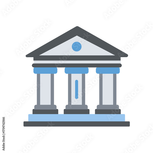 A modern flat design icon depicts a classical building with columns, symbolizing finance, government, or education, perfect for digital interfaces.