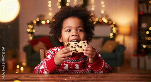 Joyful child in festive sweater devours delicious holiday cake amidst warm Christmas lights and cozy home atmosphere