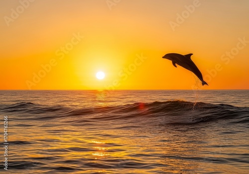 A wide ocean view with a single dolphin leaping above glowing sunset waves, cinematic horizon