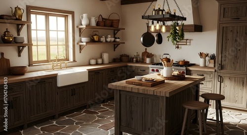 Wallpaper Mural Rustic kitchen interior with farmhouse sink wooden cabinets island and hanging cookware Torontodigital.ca