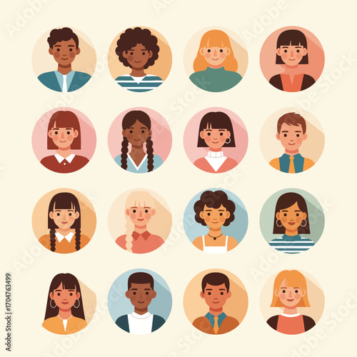 A diverse collection of multicultural people portraits presented as circular profile avatars.