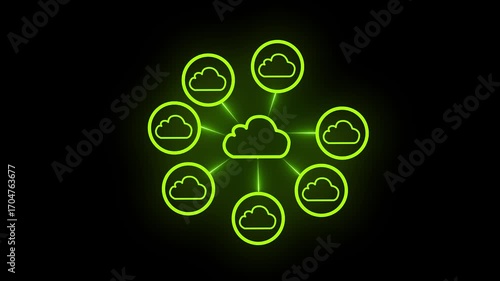   Neon Cloud Network  Circles Converging, Data Flows Connecting, Security Layers, and Real-Time Orchestration in Modern Environments