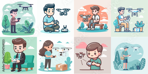 vector illustration set of people playing drones