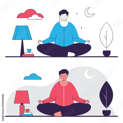 Calm Meditation Practice A Day and Night Comparison Illustrating Serenity and Relaxation