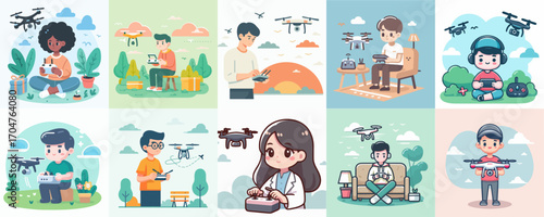 vector illustration set of people playing drones