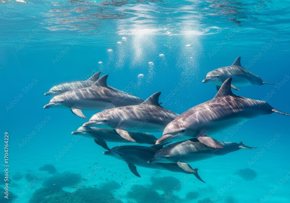 Fototapeta premium Underwater wide view of dolphins swimming through crystal-clear turquoise water with coral below