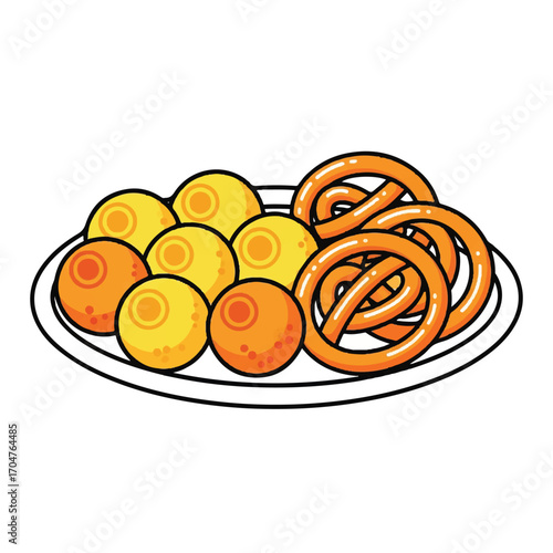 Illustration of a plate with traditional Indian sweets and pretzels for Diwali Festival celebration in India.