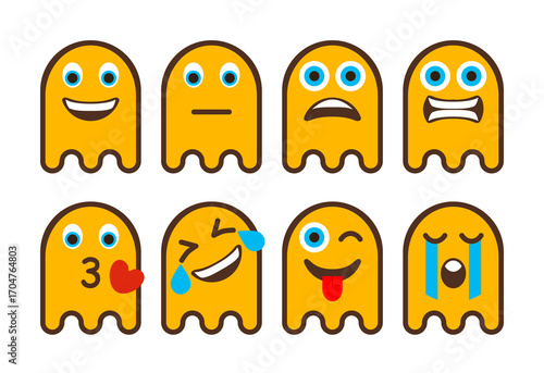 different emotions yellow ghost vector icons set, mobile app or web page halloween symbols collection, social media mood pictogram