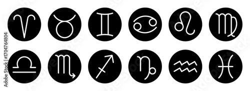 12 zodiac signs, horoscope symbols, astrological round solid icons, aries, taurus, gemini, cancer, leo, virgo, libra, scorpio, capricorn, aquarius, pisces