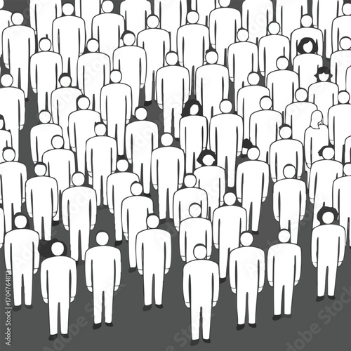 A large dense crowd of anonymous stylized white human figures standing together in a monochromatic graphic illustration.