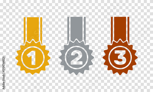 1st 2nd 3rd place awards, golden silver bronze medals with ribbon, flat solid vector set, transparent background