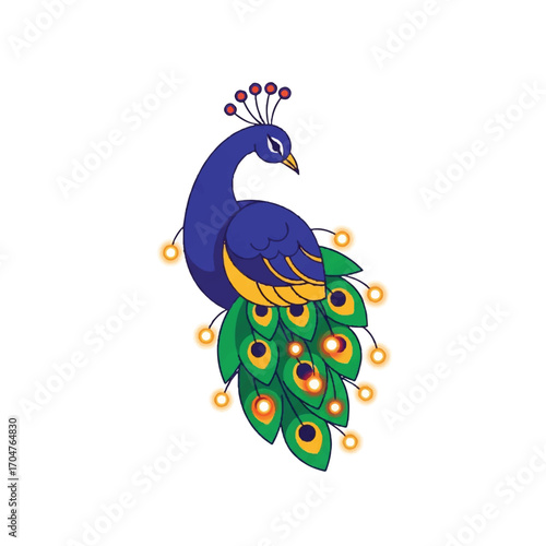 Vibrant peacock illustration with colorful feathers and ornaments, symbolizing Diwali Festival celebrations in India, on a white background.