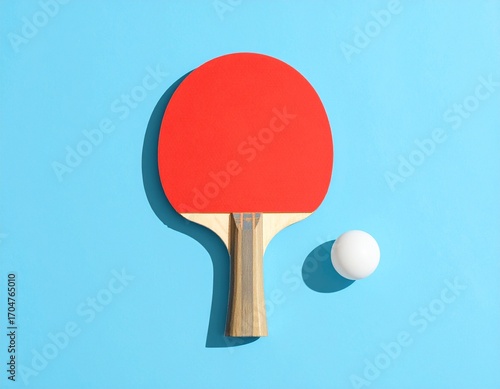 Red table tennis racket and a white ball on a blue background representing a sports concept