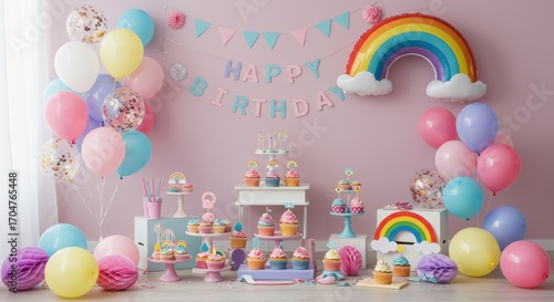 Whimsical pastel rainbow themed birthday party celebration with a fully decorated dessert table, sweet cupcakes, and colorful festive balloons