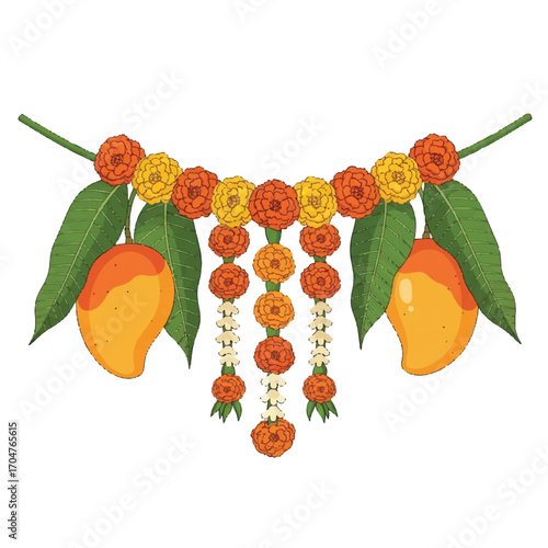 Illustration of a Diwali festival decoration featuring a colorful garland with flowers and mango-shaped ornaments, symbolizing the Diwali Festival in India.