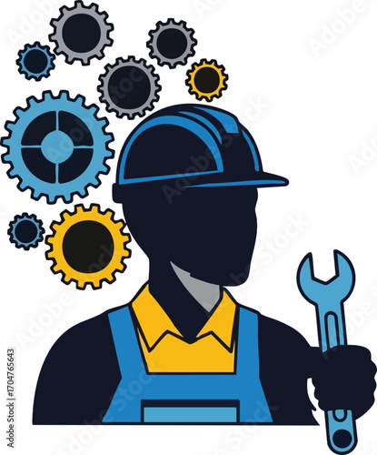 Engineer Construction Worker or Mechanic with Gears and Wrench