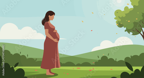 This flat design illustrates a pregnant woman connecting with nature through mindful movement, symbolizing harmony and well-being during her pregnancy journey.