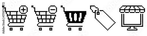 Pixel set shopping icon vector. Ideal for e-commerce, retail, and mobile app themes. A unique collection of modern, pixelated symbols representing various online shopping functions.