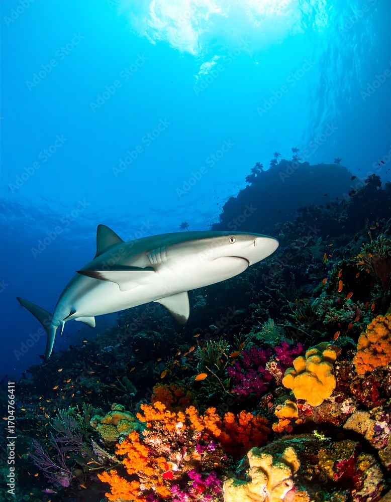 Fototapeta premium Shark in vibrant coral reef