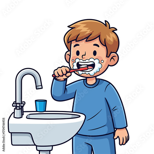 Cartoon illustration of a boy brushing his teeth in front of a sink with a faucet and a small cup.