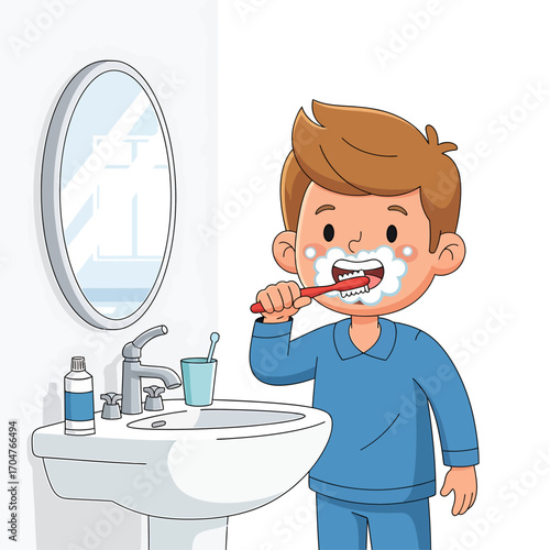 A young boy diligently brushes his teeth in his bathroom, foam visible on his teeth and brush.