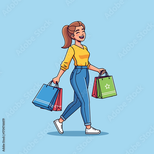 Happy woman strolling, carrying colorful shopping bags after a successful retail therapy session.