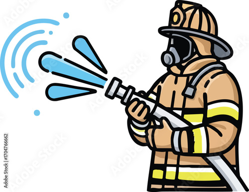 Firefighter Heroically Fighting Fire with Water Hose Vector Illustration