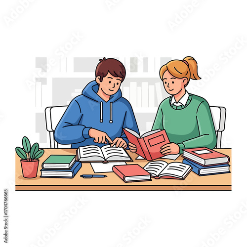Two students studying together at a table, examining books and learning.