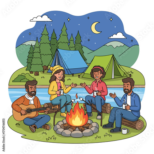 A group of friends camping, roasting marshmallows around a campfire at night.