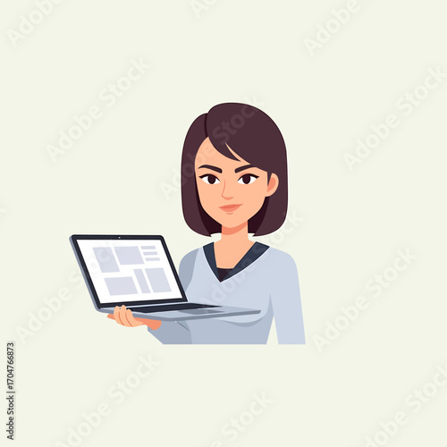 A cartoon woman holding a laptop, presenting a digital device.