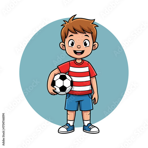 Cartoon illustration of a young boy holding a soccer ball, smiling against a blue circle backdrop.