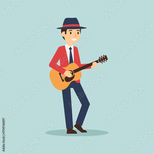 Smiling man in a red blazer plays an acoustic guitar.