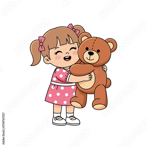 Happy little girl embracing her beloved brown teddy bear.
